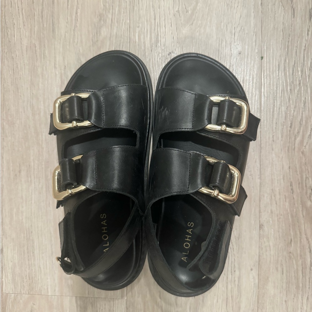 ALOHAS Black Sandals with Gold Buckles